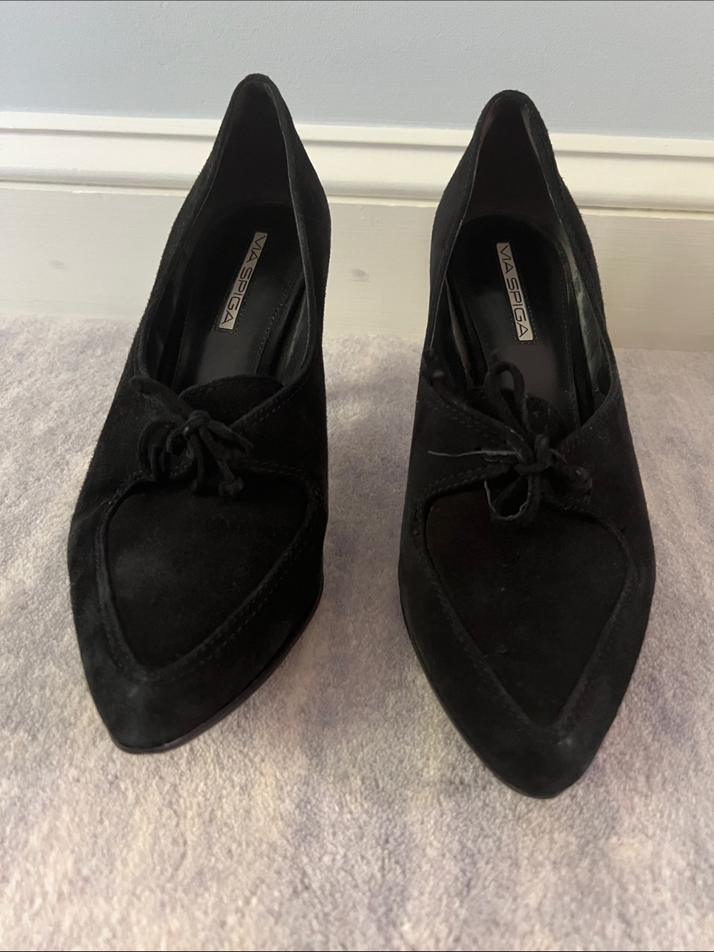 Via Spiga Black Suede Pointed Toe Knot-Heel Pumps